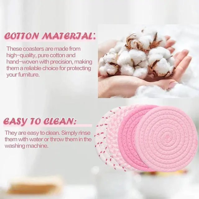 Alt view image 3 of 7 - 4.8 Inch Drink Coasters Set of 4, Large Fabric Cotton Coasters, Cute Girly Absorbent Handmade Woven Coaster, Minimalist Boho Table and Desk Decor, Posavasos for Cups, Gift for Women (Colorful Pink)