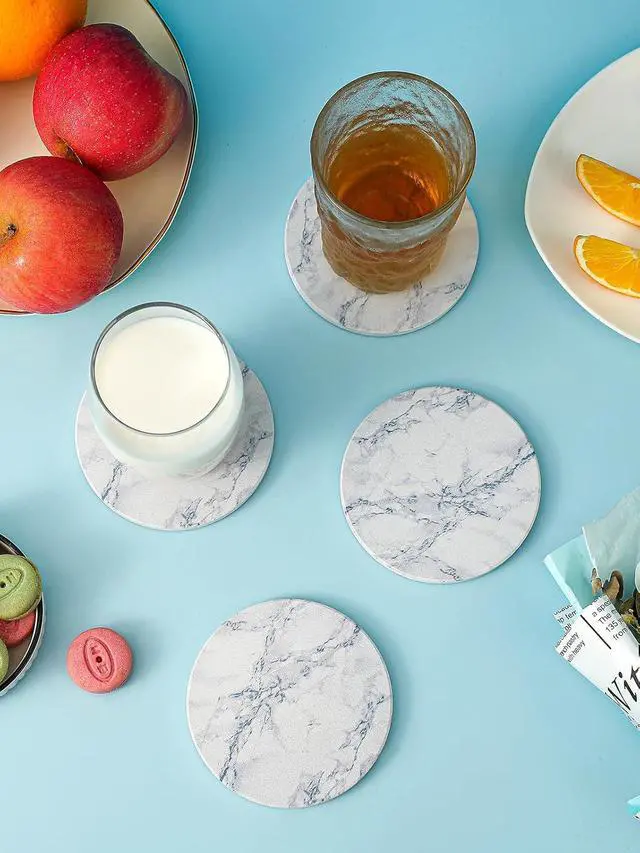 Alt view image 3 of 7 - LIFVER Absorbent Coaster Sets of 4, Drink Coasters with Holder, White Marble Style Ceramic Drink Coaster for Tabletop Protection, Suitable for Kinds of Cups and Wooden Table, Cool Home Decor, 4 Inches