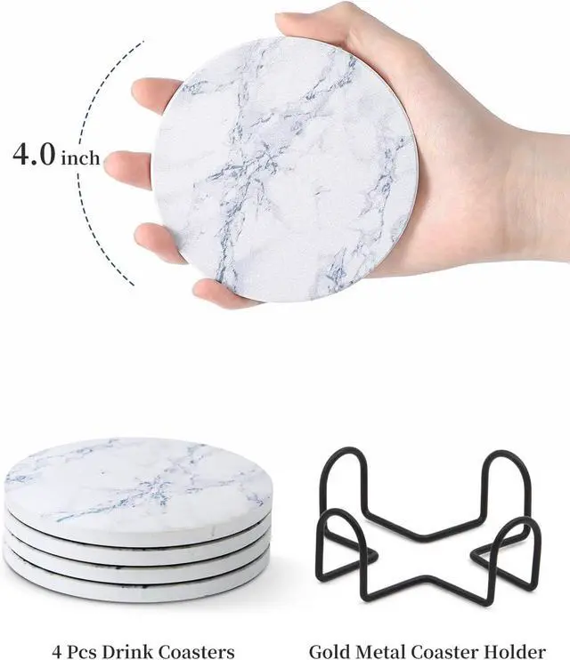 Alt view image 7 of 7 - LIFVER Absorbent Coaster Sets of 4, Drink Coasters with Holder, White Marble Style Ceramic Drink Coaster for Tabletop Protection, Suitable for Kinds of Cups and Wooden Table, Cool Home Decor, 4 Inches