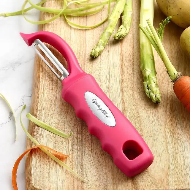 Alt view image 3 of 7 - Spring Chef Swivel Vegetable Peeler for Kitchen w/Soft Grip Handle, Pink | Premium Potato Peeler w/ Ultra Sharp Stainless Steel Blades, Multifunctional Veggie Peeler for Apple, Carrot, Cucumber, Fruit