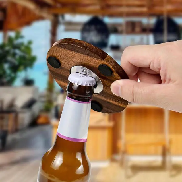 Alt view image 3 of 7 - 2-in-1 Wood Coasters with Bottle Opener, Set of 4 | 4 in Diameter Unique Acacia Wood Drink Coasters with Stainless Steel Openers and Non-Slip Feet, Beer Coasters, Gifts for Men