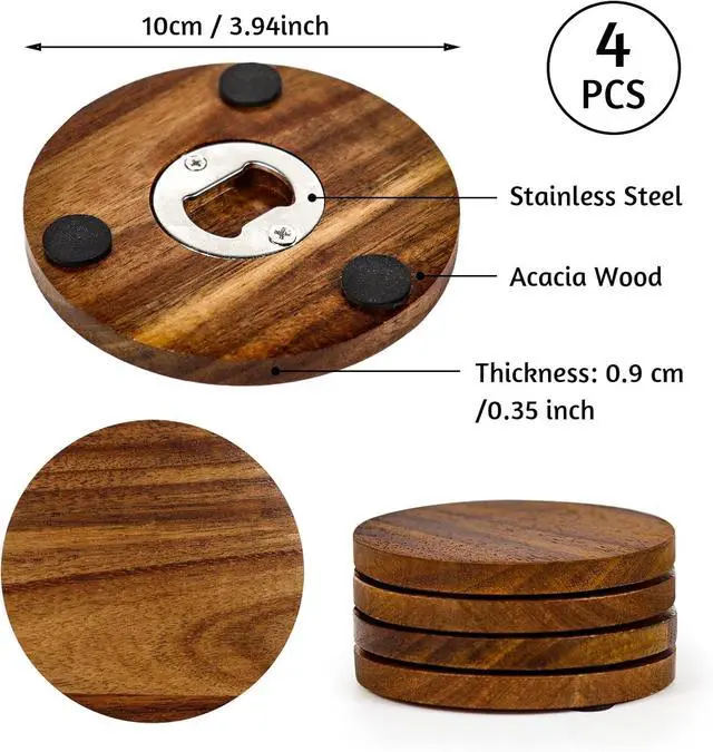 Alt view image 2 of 7 - 2-in-1 Wood Coasters with Bottle Opener, Set of 4 | 4 in Diameter Unique Acacia Wood Drink Coasters with Stainless Steel Openers and Non-Slip Feet, Beer Coasters, Gifts for Men