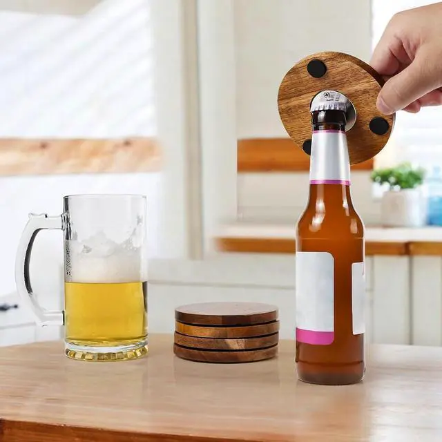 Alt view image 5 of 7 - 2-in-1 Wood Coasters with Bottle Opener, Set of 4 | 4 in Diameter Unique Acacia Wood Drink Coasters with Stainless Steel Openers and Non-Slip Feet, Beer Coasters, Gifts for Men