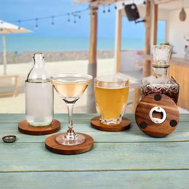 Alt view image 6 of 7 - 2-in-1 Wood Coasters with Bottle Opener, Set of 4 | 4 in Diameter Unique Acacia Wood Drink Coasters with Stainless Steel Openers and Non-Slip Feet, Beer Coasters, Gifts for Men
