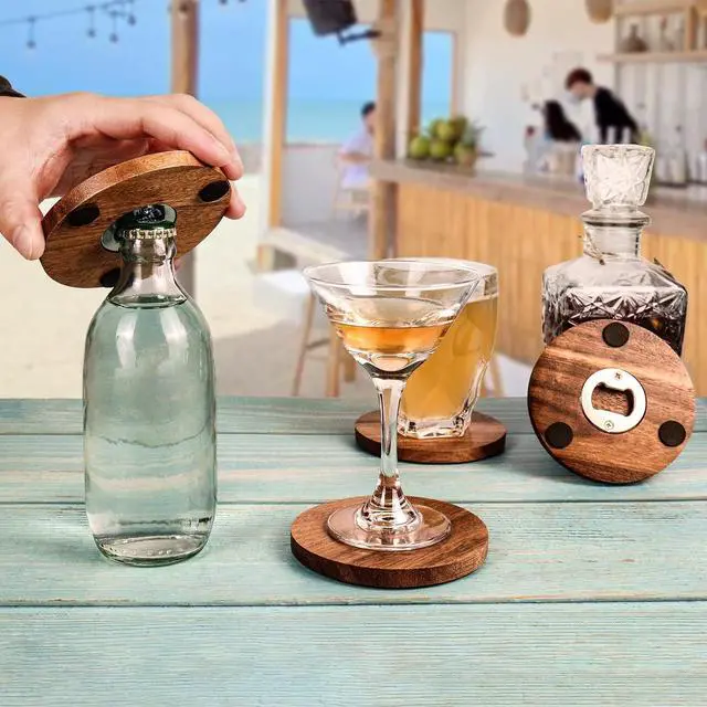 Alt view image 4 of 7 - 2-in-1 Wood Coasters with Bottle Opener, Set of 4 | 4 in Diameter Unique Acacia Wood Drink Coasters with Stainless Steel Openers and Non-Slip Feet, Beer Coasters, Gifts for Men