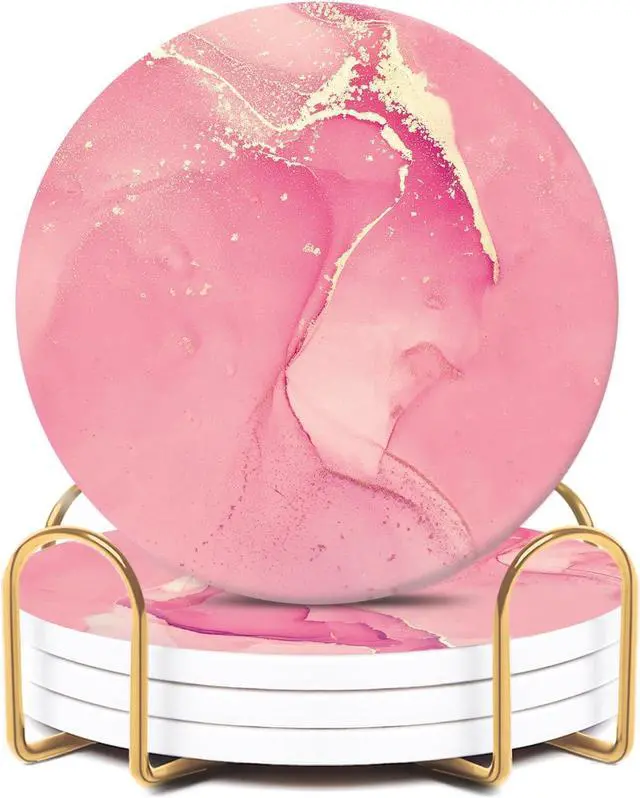 Main image of Pink Ceramic Coasters Set of 4 with Gold Holder, Cute Coasters | Absorbent Drink Coasters with Cork Backing for Coffee Table, Kitchen Counters, Living Rooms, Home Desk Decor for Women Girls