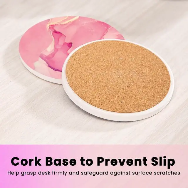 Alt view image 4 of 6 - Pink Ceramic Coasters Set of 4 with Gold Holder, Cute Coasters | Absorbent Drink Coasters with Cork Backing for Coffee Table, Kitchen Counters, Living Rooms, Home Desk Decor for Women Girls