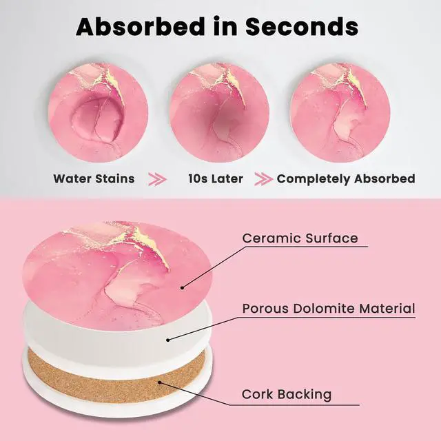 Alt view image 3 of 6 - Pink Ceramic Coasters Set of 4 with Gold Holder, Cute Coasters | Absorbent Drink Coasters with Cork Backing for Coffee Table, Kitchen Counters, Living Rooms, Home Desk Decor for Women Girls