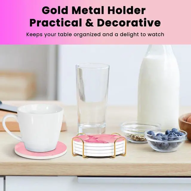 Alt view image 6 of 6 - Pink Ceramic Coasters Set of 4 with Gold Holder, Cute Coasters | Absorbent Drink Coasters with Cork Backing for Coffee Table, Kitchen Counters, Living Rooms, Home Desk Decor for Women Girls