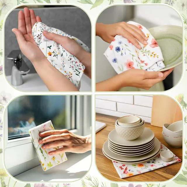 Alt view image 6 of 6 - Reusable Kitchen Cloths Cotton Towel, 6 Pack, Wildflowers | Washable 9.84x11.81in, Paperless Towel Rolls Bulk, Cleaning Cloth Napkins for Dishes
