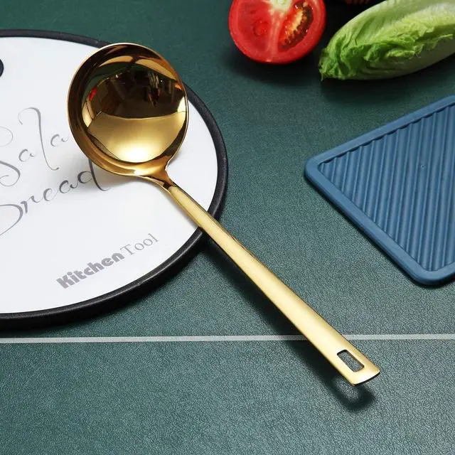 Alt view image 3 of 7 - Gold Ladle, Berglander Stainless Steel Kitchen Ladle With Titainium Gold Plating, Soup Ladle, Cooking Ladle, Metal Soup Spoon For Cooking, Dishwasher Safe, Easy to Clean