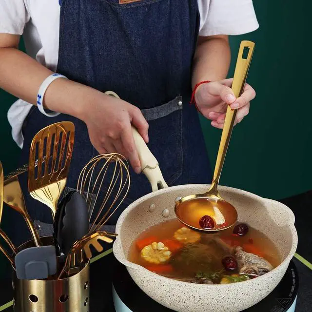 Alt view image 7 of 7 - Gold Ladle, Berglander Stainless Steel Kitchen Ladle With Titainium Gold Plating, Soup Ladle, Cooking Ladle, Metal Soup Spoon For Cooking, Dishwasher Safe, Easy to Clean