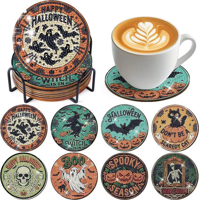 Main image of Sitsink Halloween Diamond Art Coasters - 8pcs DIY Diamond Gem Painting Round Coasters with Non-Slipping Cork Back, Gifts for Friends Family Halloween