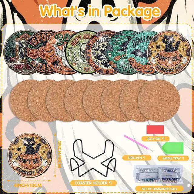 Alt view image 2 of 6 - Sitsink Halloween Diamond Art Coasters - 8pcs DIY Diamond Gem Painting Round Coasters with Non-Slipping Cork Back, Gifts for Friends Family Halloween