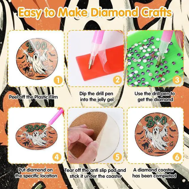 Alt view image 3 of 6 - Sitsink Halloween Diamond Art Coasters - 8pcs DIY Diamond Gem Painting Round Coasters with Non-Slipping Cork Back, Gifts for Friends Family Halloween