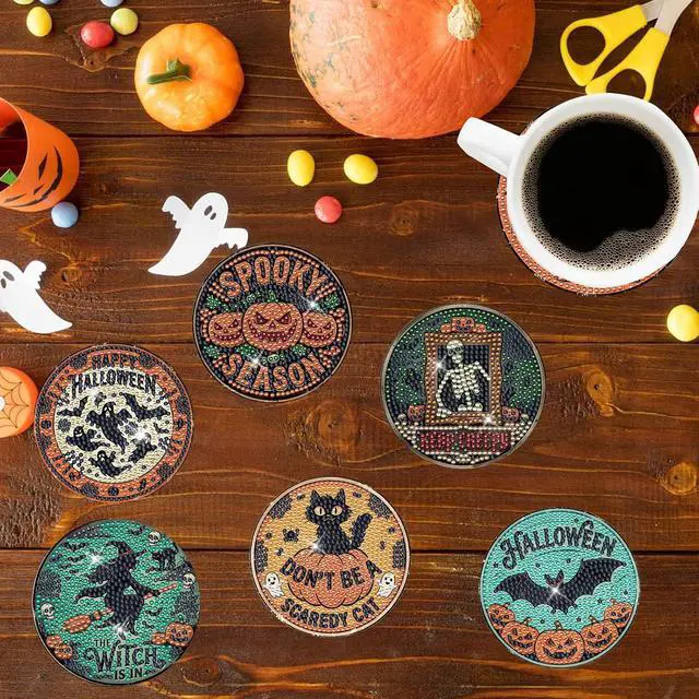 Alt view image 4 of 6 - Sitsink Halloween Diamond Art Coasters - 8pcs DIY Diamond Gem Painting Round Coasters with Non-Slipping Cork Back, Gifts for Friends Family Halloween