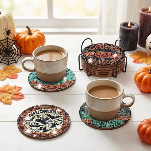 Alt view image 5 of 6 - Sitsink Halloween Diamond Art Coasters - 8pcs DIY Diamond Gem Painting Round Coasters with Non-Slipping Cork Back, Gifts for Friends Family Halloween