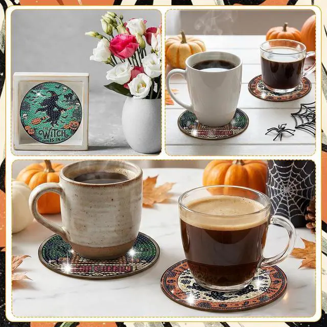 Alt view image 6 of 6 - Sitsink Halloween Diamond Art Coasters - 8pcs DIY Diamond Gem Painting Round Coasters with Non-Slipping Cork Back, Gifts for Friends Family Halloween