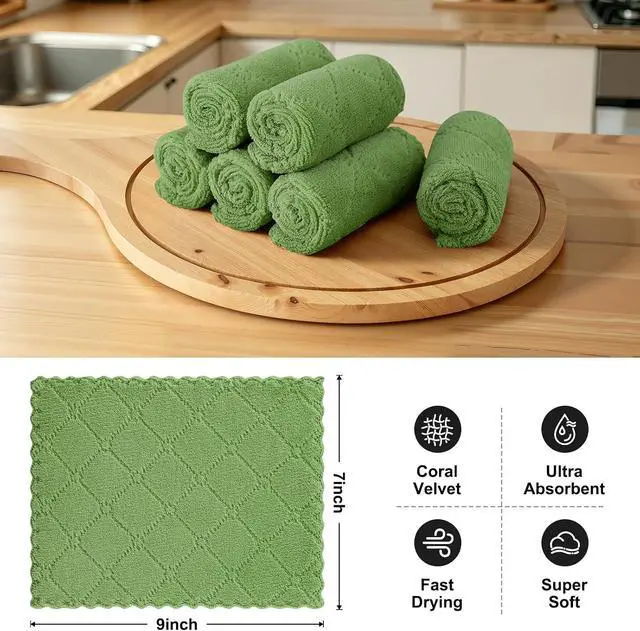 Alt view image 2 of 7 - Homaxy Super Soft 12 Pack Coral Velvet Dish Cloths, 7" x 9", Grass Green | Ultra-Absorbent Dishcloths, No Lint, Nonstick Oil, Fast Drying, Microfiber Cleaning Cloth