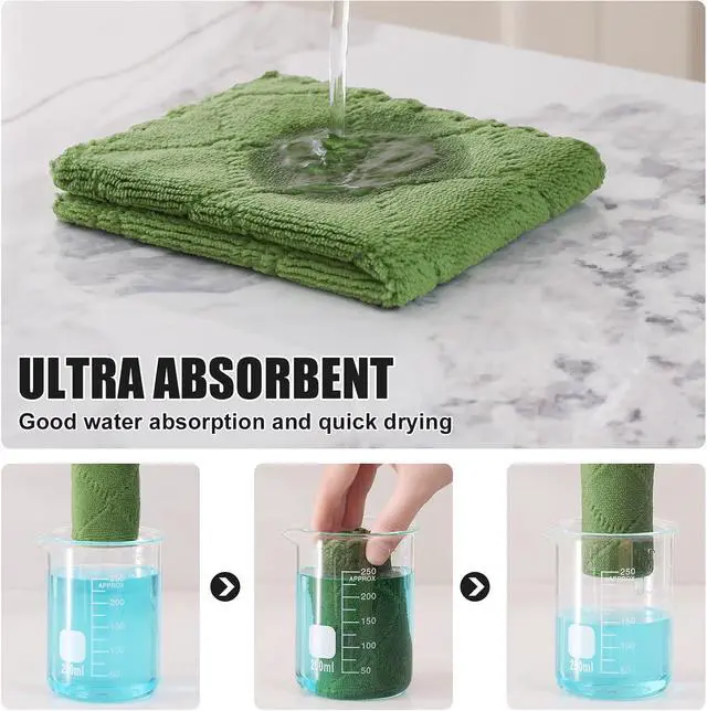 Alt view image 3 of 7 - Homaxy Super Soft 12 Pack Coral Velvet Dish Cloths, 7" x 9", Grass Green | Ultra-Absorbent Dishcloths, No Lint, Nonstick Oil, Fast Drying, Microfiber Cleaning Cloth