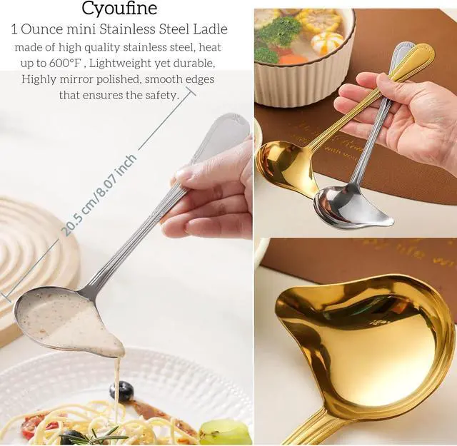 Alt view image 2 of 4 - 2-Pack Gravy Spoon Small Ladle for Sauce/Gravy / .1 Ounce mini Stainless Steel Ladle with Pouring Spout Gravy Drizzle Spoon. (Gold & silver)