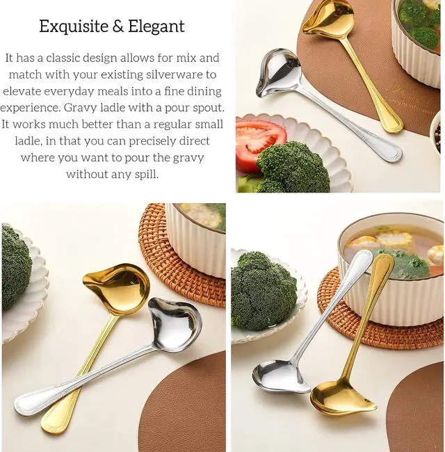 Alt view image 3 of 4 - 2-Pack Gravy Spoon Small Ladle for Sauce/Gravy / .1 Ounce mini Stainless Steel Ladle with Pouring Spout Gravy Drizzle Spoon. (Gold & silver)