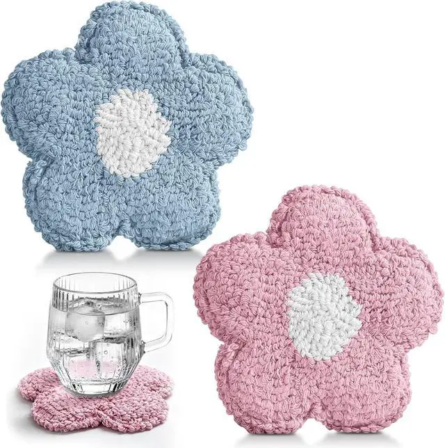 Main image of Flower Coasters Set of 2 - Tufted Absorbent Coasters for Drinks, Cute Flower Gift for Desk, Table, Office, Housewarming, Birthday, 2PC Decorative Cup Mats
