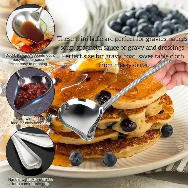 Alt view image 4 of 4 - 2-Pack Gravy Spoon Small Ladle for Sauce/Gravy / .1 Ounce mini Stainless Steel Ladle with Pouring Spout Gravy Drizzle Spoon. (Gold & silver)