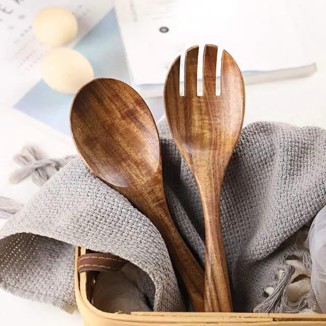 Alt view image 5 of 7 - AOOSY Wooden Salad Tongs,10.2 In Acacia Wood Salad Servers,Set of 2 | Salad Fork and Salad Spoon for Serving,Mixing,Cooking,Long Handle Salad Server Set