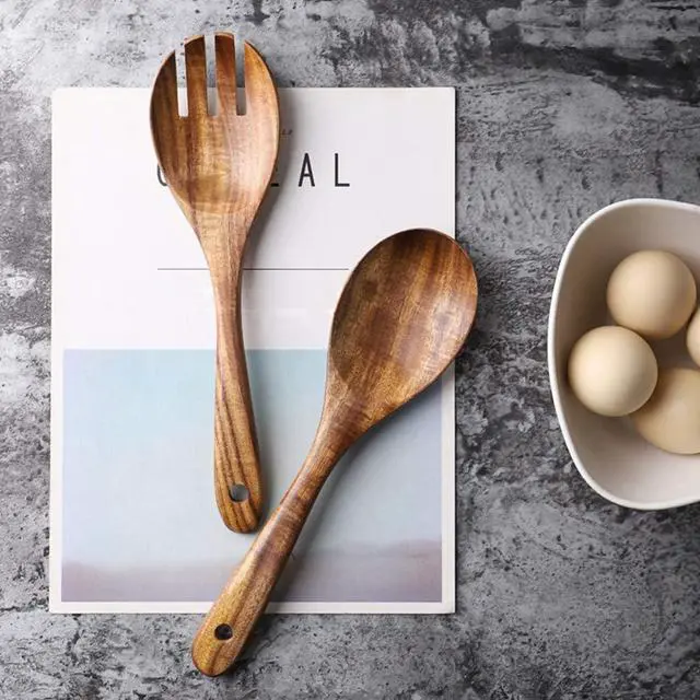 Alt view image 6 of 7 - AOOSY Wooden Salad Tongs,10.2 In Acacia Wood Salad Servers,Set of 2 | Salad Fork and Salad Spoon for Serving,Mixing,Cooking,Long Handle Salad Server Set