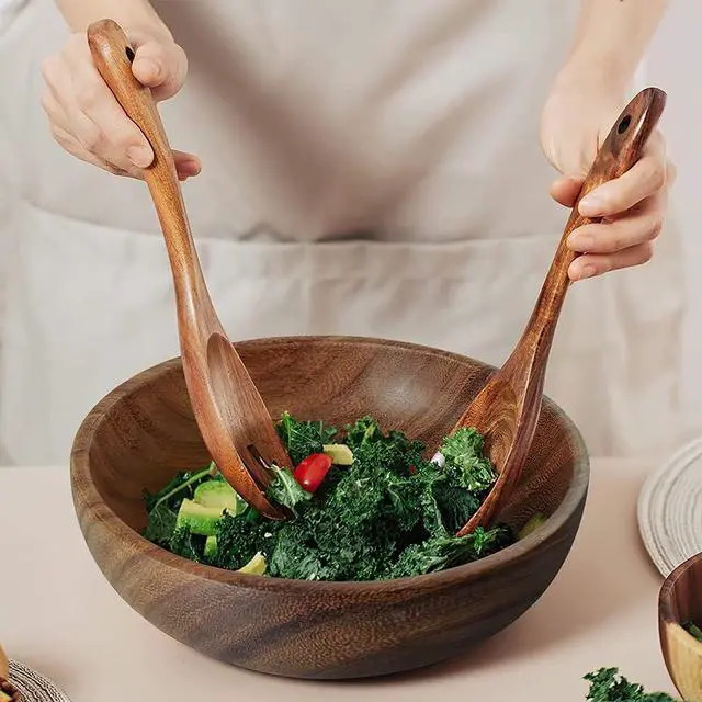 Alt view image 4 of 7 - AOOSY Wooden Salad Tongs,10.2 In Acacia Wood Salad Servers,Set of 2 | Salad Fork and Salad Spoon for Serving,Mixing,Cooking,Long Handle Salad Server Set