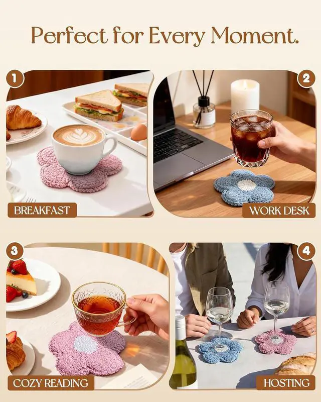 Alt view image 6 of 6 - Flower Coasters Set of 2 - Tufted Absorbent Coasters for Drinks, Cute Flower Gift for Desk, Table, Office, Housewarming, Birthday, 2PC Decorative Cup Mats
