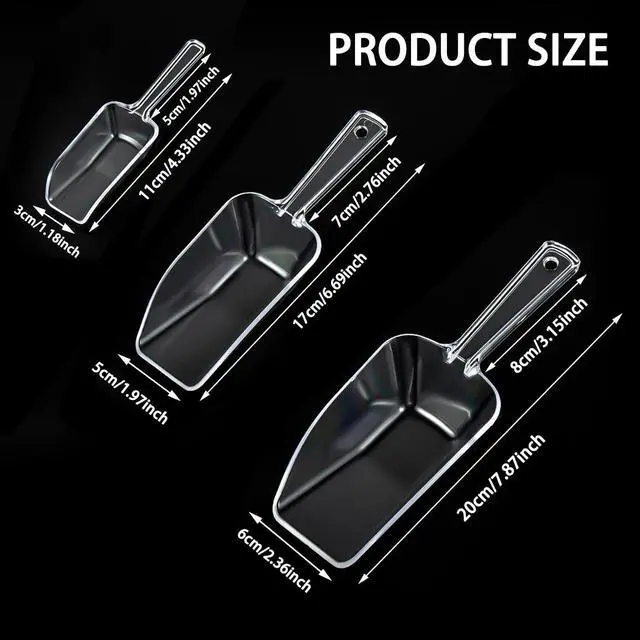 Alt view image 2 of 7 - 3 in 1 Clear Plastic Ice Scoop Set, Small Acrylic Serving Scoops for Candy Buffet, Canisters, Dry Goods Multi-Purpose Kitchen Mini Food Scoop for Coffee, Flour, Sugar, Salt, Wedding Desserts (L&M&S)