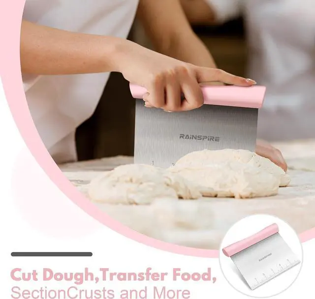 Alt view image 3 of 7 - Multi-Purpose Stainless Steel Bench Scraper Dough Blender & Pastry Cutter | Dishwasher Safe Measurement Marks Non-slip Comfortable Handle Dough Scraper Food Chopper for Bread Baking Supplies Pink