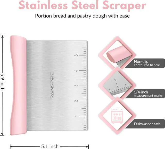 Alt view image 2 of 7 - Multi-Purpose Stainless Steel Bench Scraper Dough Blender & Pastry Cutter | Dishwasher Safe Measurement Marks Non-slip Comfortable Handle Dough Scraper Food Chopper for Bread Baking Supplies Pink