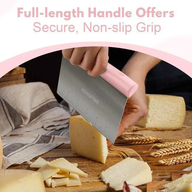 Alt view image 4 of 7 - Multi-Purpose Stainless Steel Bench Scraper Dough Blender & Pastry Cutter | Dishwasher Safe Measurement Marks Non-slip Comfortable Handle Dough Scraper Food Chopper for Bread Baking Supplies Pink
