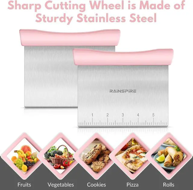 Alt view image 6 of 7 - Multi-Purpose Stainless Steel Bench Scraper Dough Blender & Pastry Cutter | Dishwasher Safe Measurement Marks Non-slip Comfortable Handle Dough Scraper Food Chopper for Bread Baking Supplies Pink