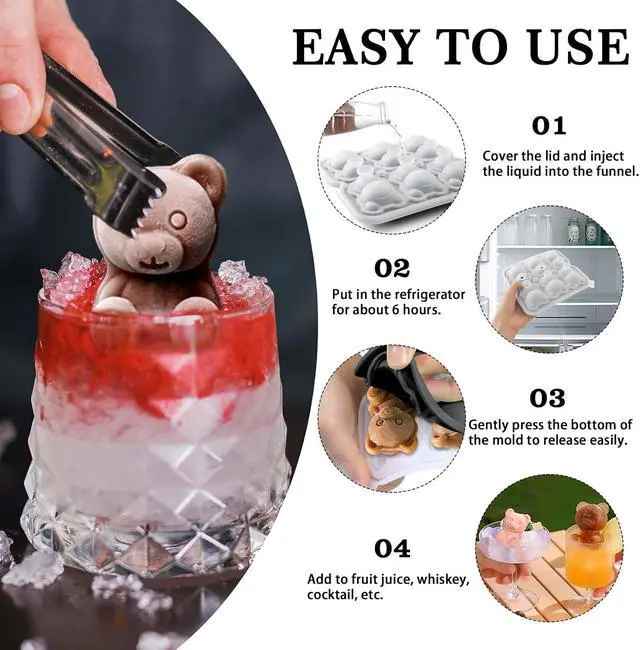Alt view image 4 of 7 - 3D Bear Ice Cube Mold, Silicone Ice Cube Tray for Freezer, 6 Hole | Fun Shape Ice Cream Molds for Whiskey, Chocolate, Ice Cream, Candy, Easy Release Filling