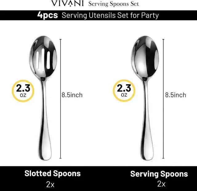 Alt view image 2 of 7 - VIVANI 4-Piece Serving Spoons Set, 8.5-Inch Serving Spoon and Slotted Spoon | Large Cutlery for Party, Buffet and Catering, Solid Constructions, Mirror Polished, Dishwasher Safe