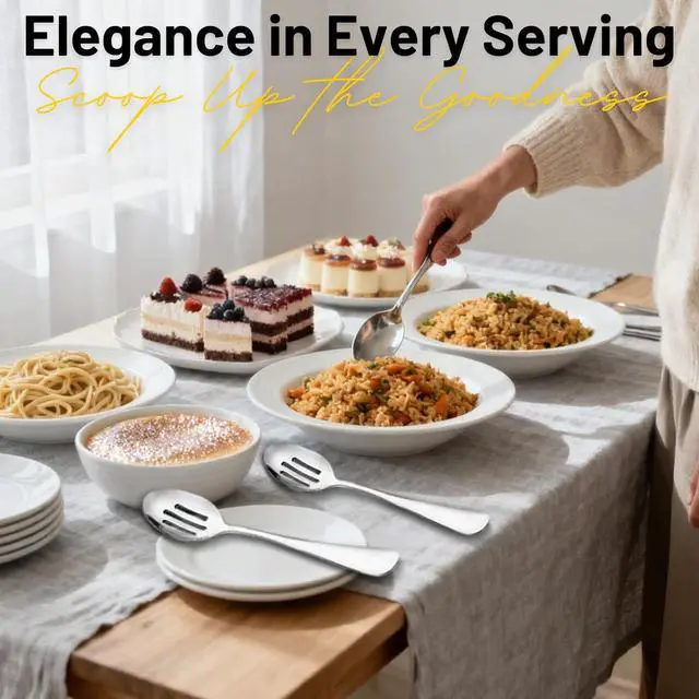 Alt view image 6 of 7 - VIVANI 4-Piece Serving Spoons Set, 8.5-Inch Serving Spoon and Slotted Spoon | Large Cutlery for Party, Buffet and Catering, Solid Constructions, Mirror Polished, Dishwasher Safe
