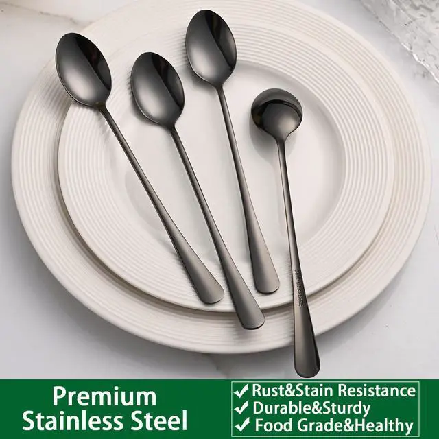 Alt view image 5 of 7 - 7.5 Inches Black Coffee Stirring Spoons Set,Set Of 8 Stanless Steel Iced Teaspoons,Long Handle Mixing Spoons For Cocktail And Sundae,Long Ice Cream Spoons
