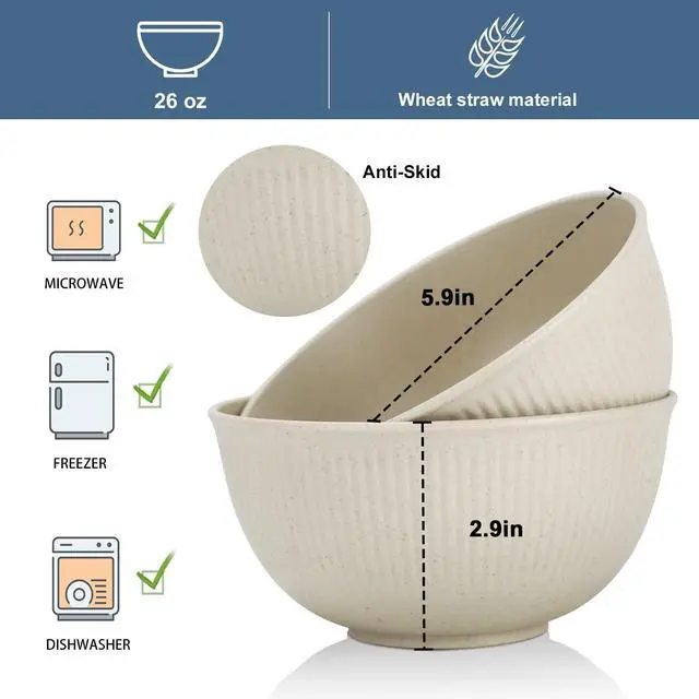 Alt view image 2 of 6 - Wrova Wheat Straw Cereal Bowls Set, Soup Bowls Microwave Safe for Kid 26 OZ | Unbreakable Bowls for Kitchen, Plastic Bowls Reusable, Dishwasher Safe Bowls for Soup, Salad, Snack, Set of 8, Beige