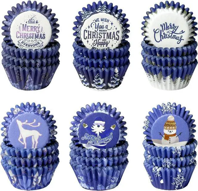 Main image of qiqee Christmas Cupcake Liners Mini 300PCS Gradient Bue Cupcake Cups 6 Designs Cupcake Papers Baking Cups Wrappers For Holiday Party Supply (Small Size)