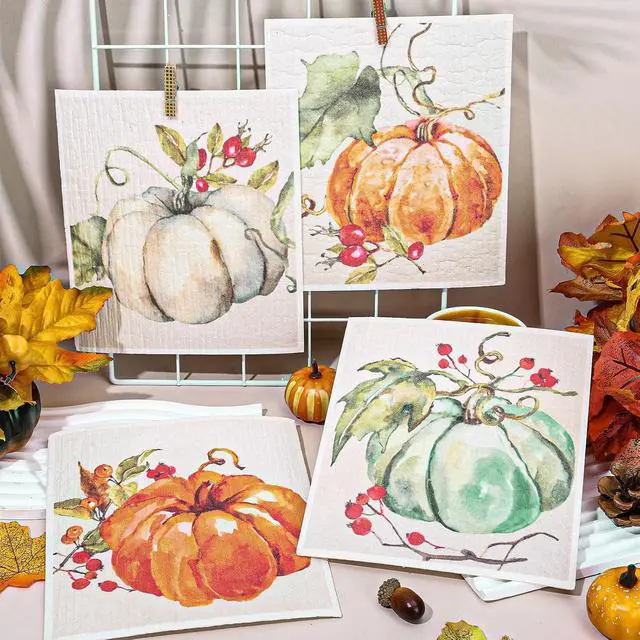 Alt view image 4 of 7 - Whaline Fall Pumpkin Swedish Dishcloth Autumn Cotton Kitchen Towel Pumpkin Absorbent Dish Towel for Housewarming Cleaning, 4Pcs, 7.7 x 6.9 Inch