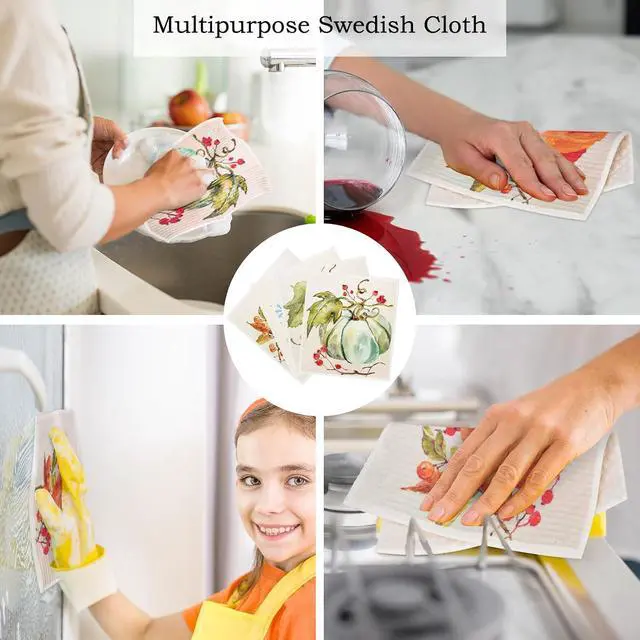 Alt view image 5 of 7 - Whaline Fall Pumpkin Swedish Dishcloth Autumn Cotton Kitchen Towel Pumpkin Absorbent Dish Towel for Housewarming Cleaning, 4Pcs, 7.7 x 6.9 Inch