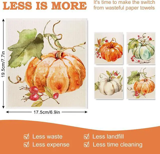 Alt view image 2 of 7 - Whaline Fall Pumpkin Swedish Dishcloth Autumn Cotton Kitchen Towel Pumpkin Absorbent Dish Towel for Housewarming Cleaning, 4Pcs, 7.7 x 6.9 Inch