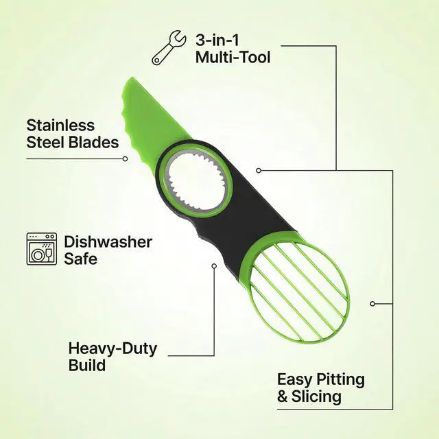 Alt view image 3 of 7 - 3-in-1 Avocado Slicer Tool - Stainless Steel Pit Remover, Peeler & Fruit Scooper, Non-Slip Ergonomic Grip, Dishwasher Safe (Green)