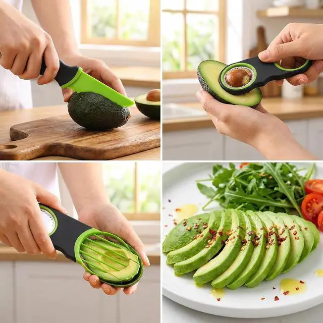 Alt view image 4 of 7 - 3-in-1 Avocado Slicer Tool - Stainless Steel Pit Remover, Peeler & Fruit Scooper, Non-Slip Ergonomic Grip, Dishwasher Safe (Green)