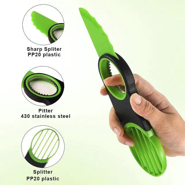 Alt view image 5 of 7 - 3-in-1 Avocado Slicer Tool - Stainless Steel Pit Remover, Peeler & Fruit Scooper, Non-Slip Ergonomic Grip, Dishwasher Safe (Green)