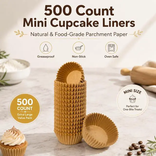 Alt view image 2 of 7 - Non-stick 500 Count Mini Cupcake Liners for Baking, Natural, Food-grade Cupcake Wrapper, Greaseproof Parchment Muffin Liners,Baking Cups for Cupcakes, Muffins, Nuts